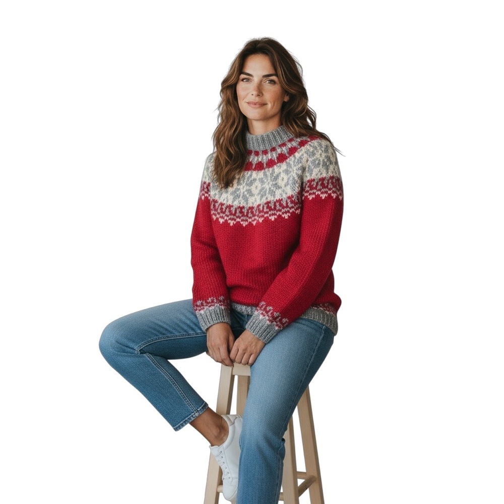 Alva Knit Women’s Icelandic 100% New Wool Fair Isles Sweater Vacation Travel M